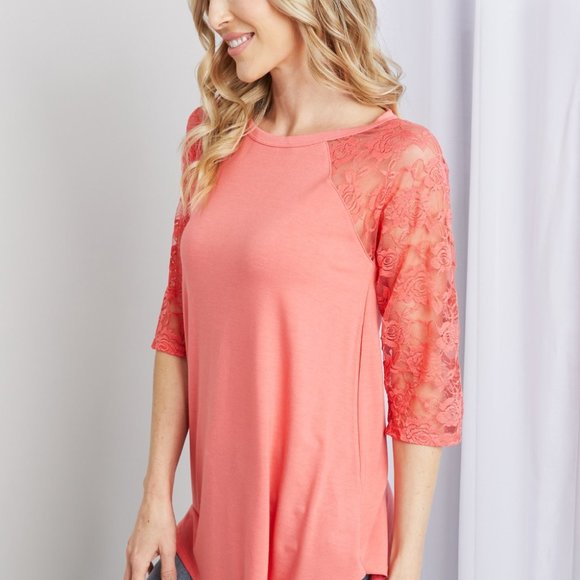 Zenana Full Size Spliced Lace Half Sleeve Round Neck Top in Deep Coral - Picture 2 of 10